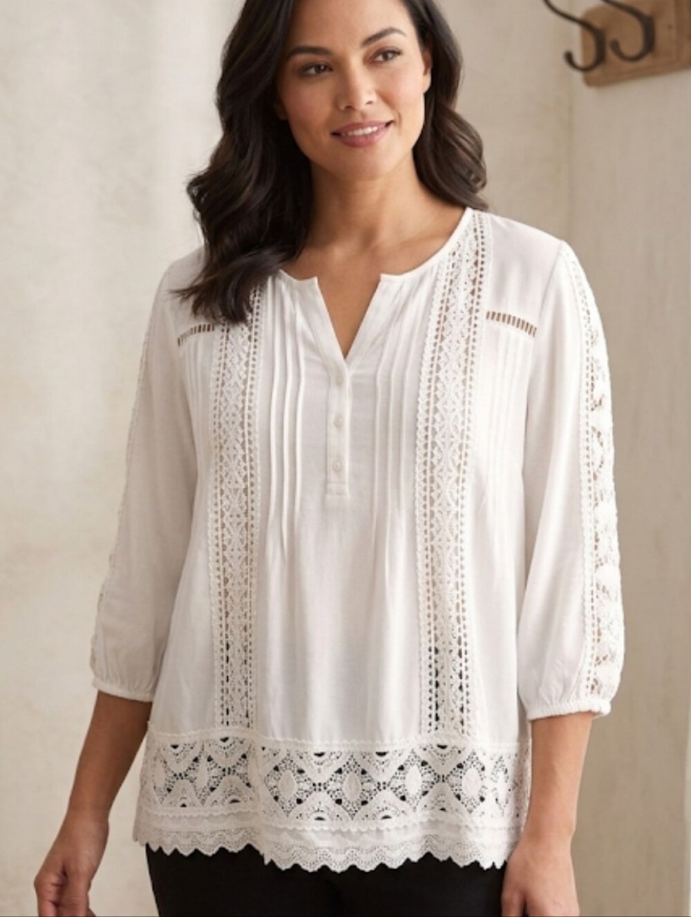 Solitaire White Crochet-Trim Peasant Scalloped Lace Bottom Tunic